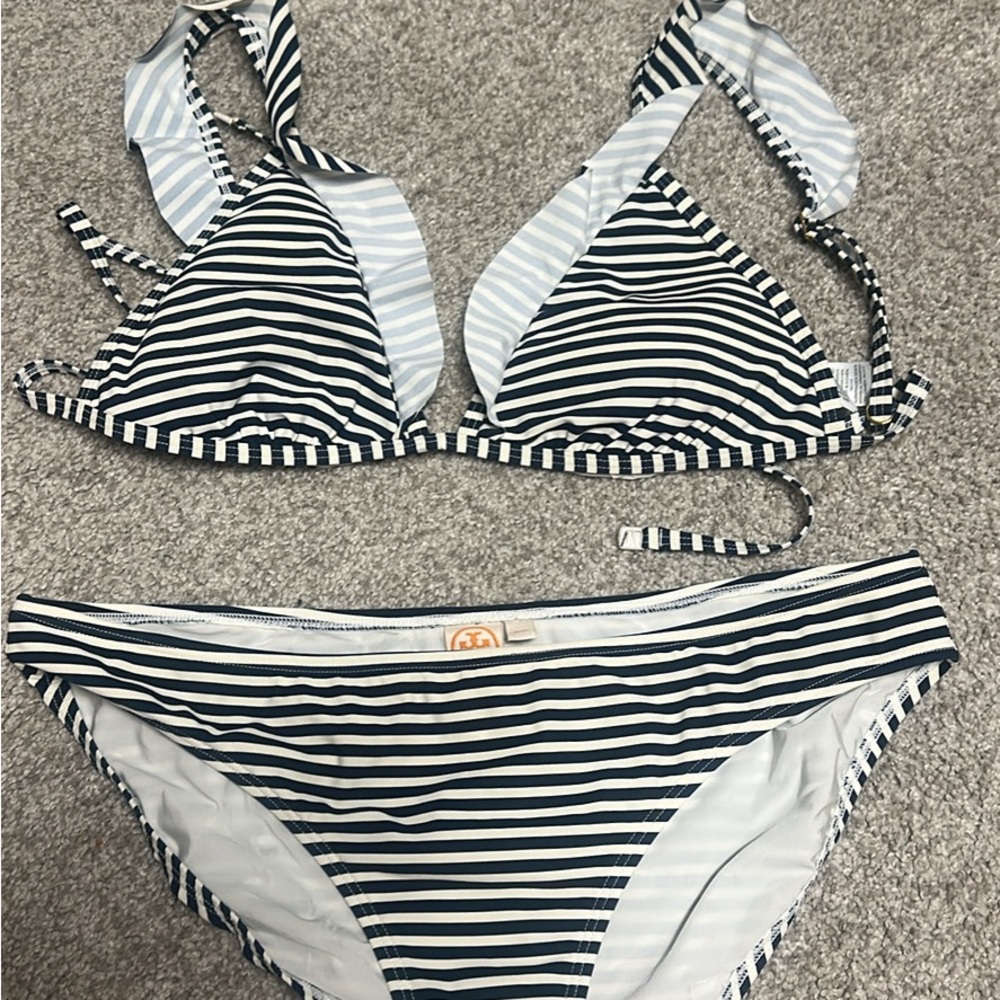Tory Burch Navy and White Striped Bikini, like new